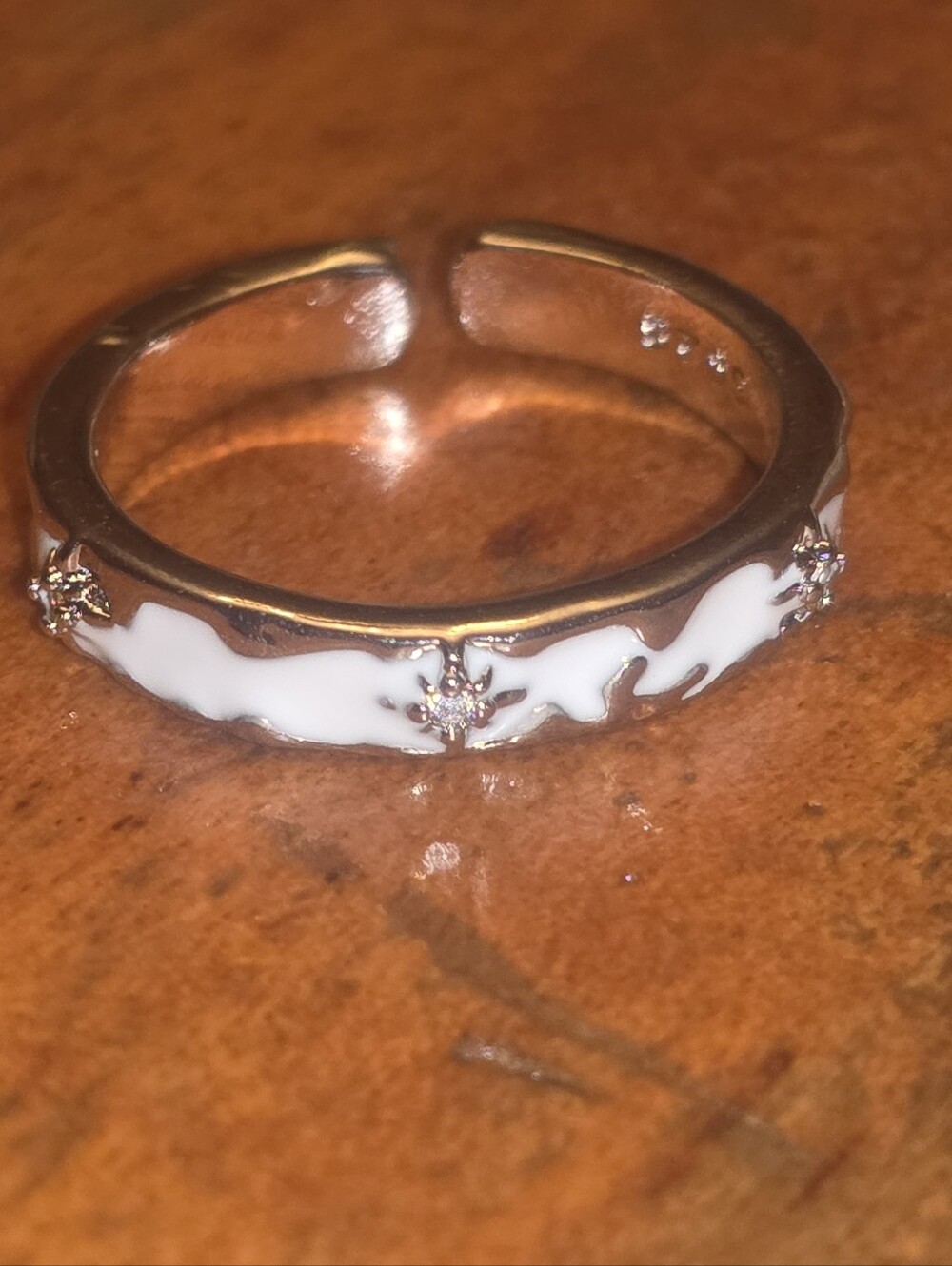 Brand New Sterling Silver 925 Adjustable Ring W White Enamel & Rhinestones